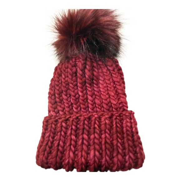 OOAK - deep red knit hat w/ faux fur pom -  pagoda colorway - Picture 2 of 5